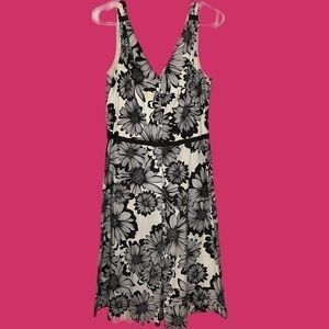 Talbots Black & White Floral Print Summer Midi Dress Ribbon Accent 12